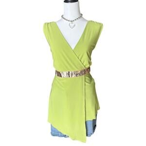 2000s green asymmetrical wrap top with gold sequin waist detail